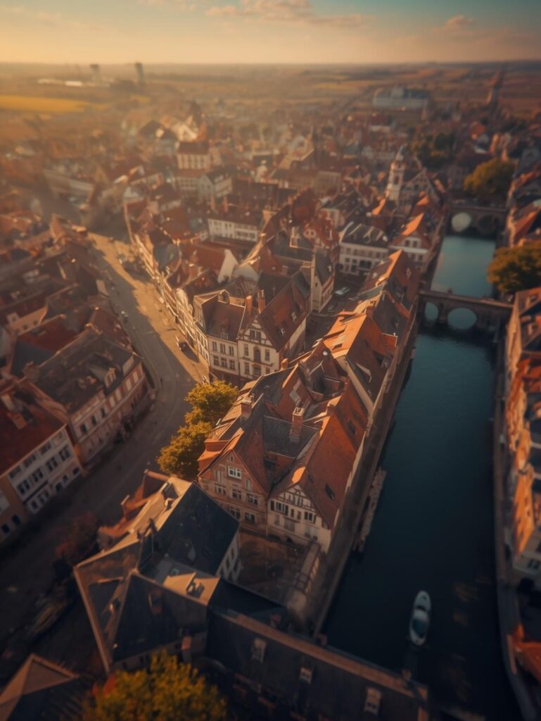 bruges in belgium, a city that feels like a living museum, summer, sunny day, bird view
