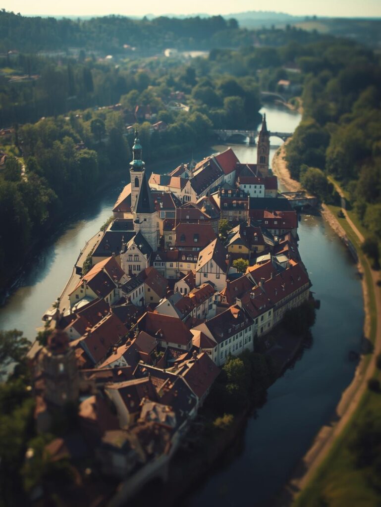 Český krumlov in the czech republic, summer, sunny day, bird view