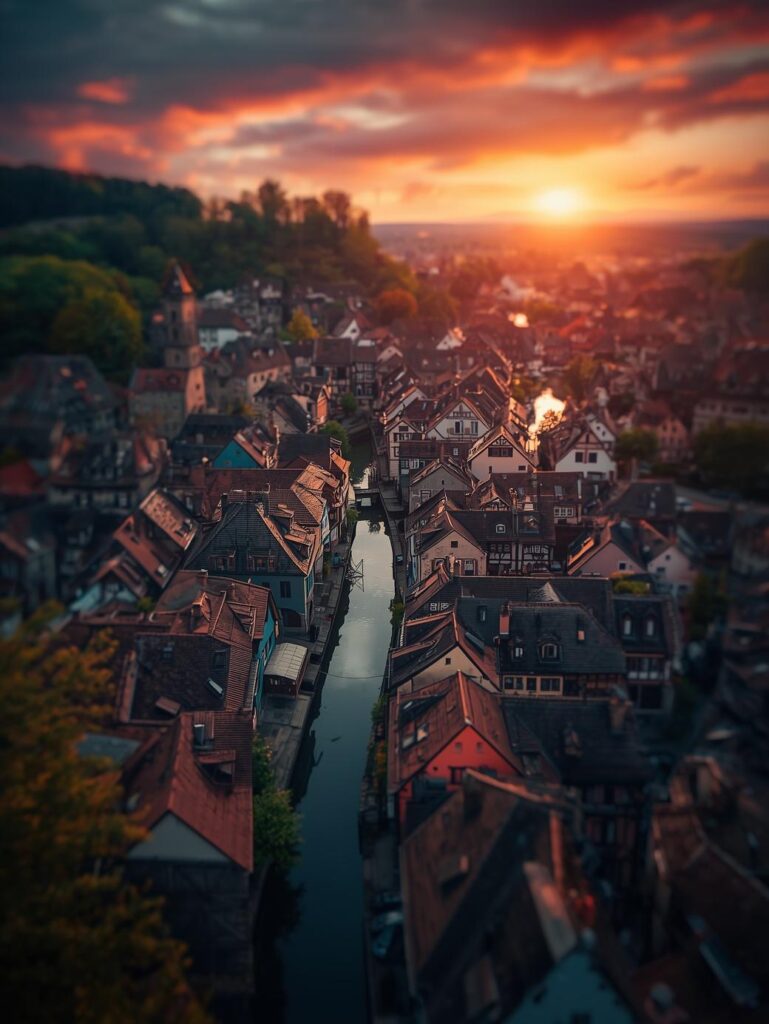 colmar in france, located in the alsace region, bird view, summer, sunrise