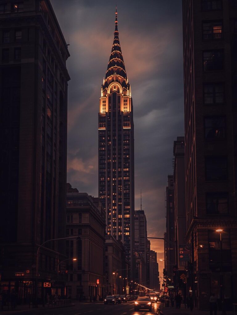 create a picture of chrysler building in the dusk, view from street, real design of building