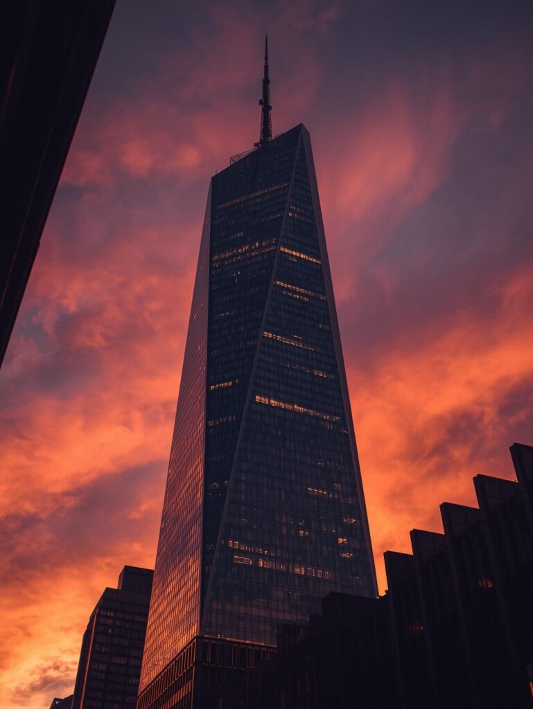create an image of 111 west 57th street (steinway tower) at sunset