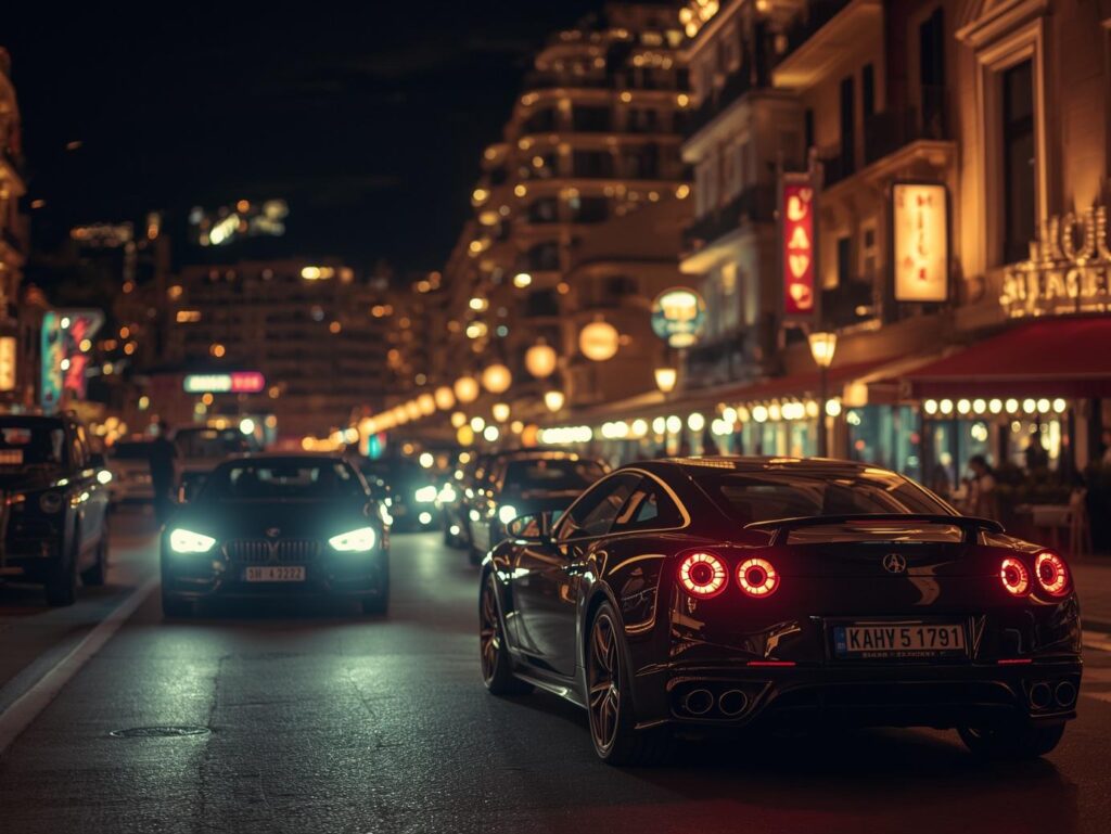 outdoor-image-02 generate a night monaco, with city lights on, luxury cars driving streets, restaurants all in lights