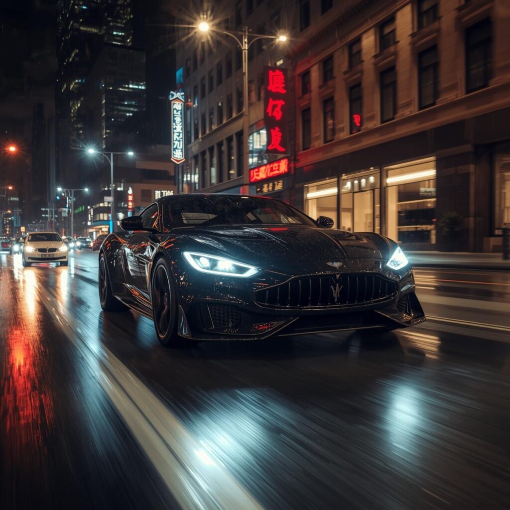 luxury, fancy, sporty car driving in the streets at night