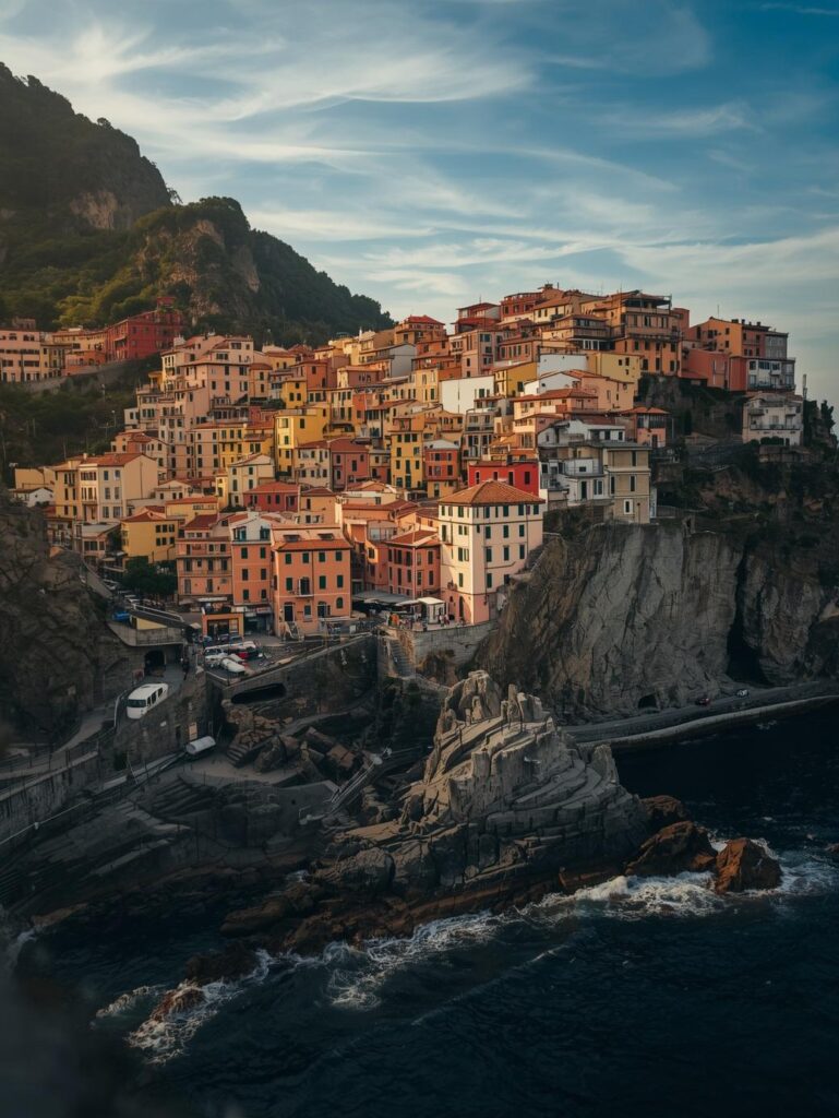 monterosso al mare, vernazza, corniglia, manarola, and riomaggiore—cling to the rugged cliffs of the italian riviera, bird view, summer, sunrise