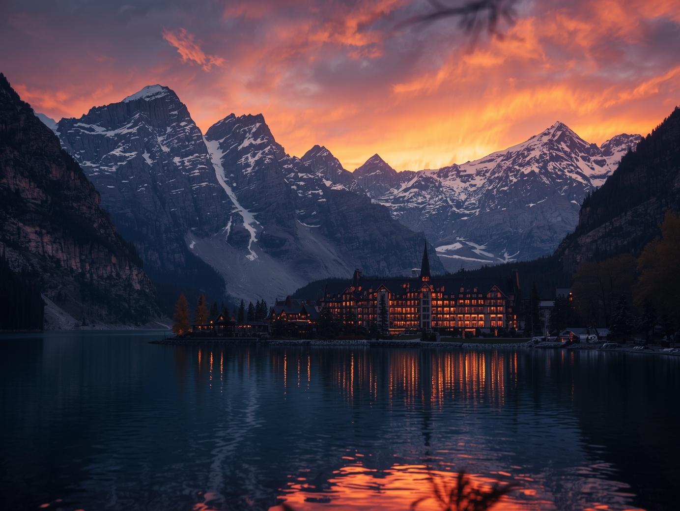 nature view, mountains, lake, hotel, luxury, sunset