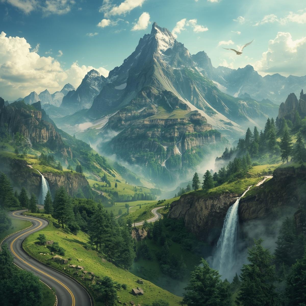 stunning landscapes, mountains, waterfalls, curvy roads, green around