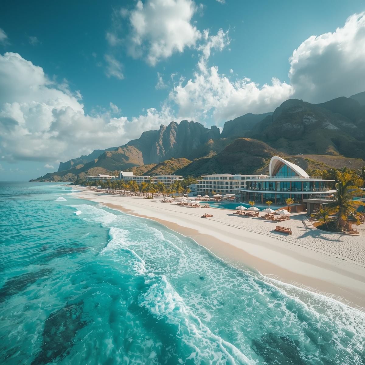 sunny beaches, bright view, hotels and mountains all around, view on the beach