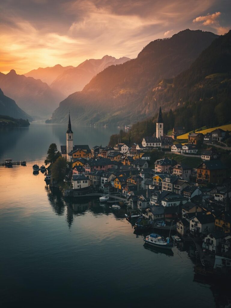 the most iconic is hallstatt, a tiny lakeside village in austria, bird view, sunrise, summer