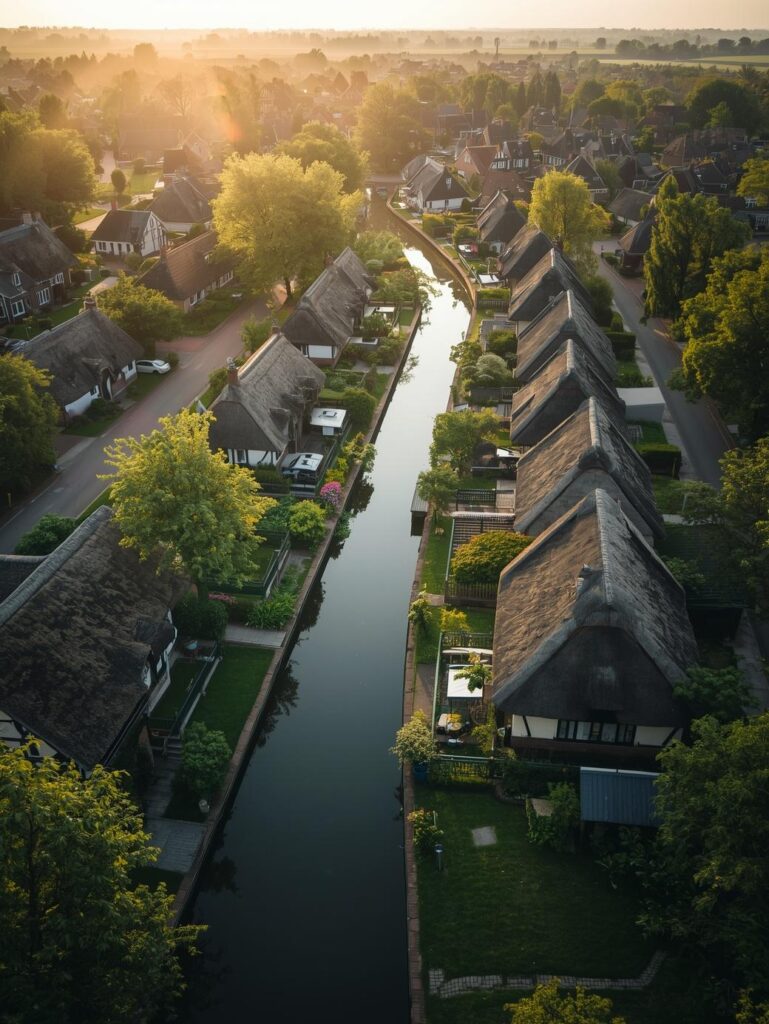 the village of giethoorn in the netherlands, summer sunny day, bird view