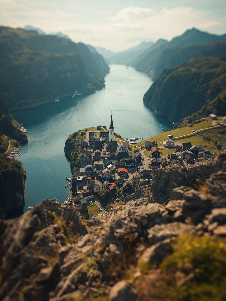 the village of reine in norway, bird view, sunny day, summer