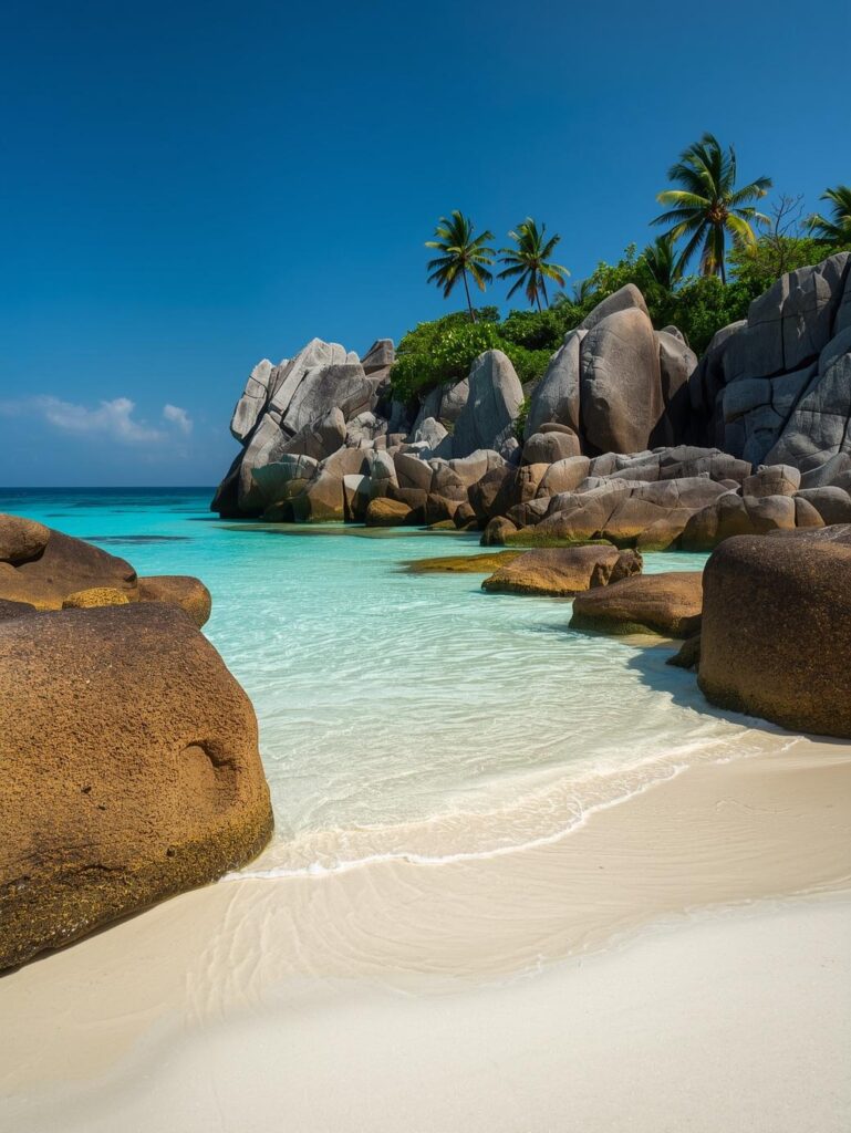 located on la digue island, anse source d’argent is famous for its unique granite rock formations, shallow turquoise waters, and soft sand